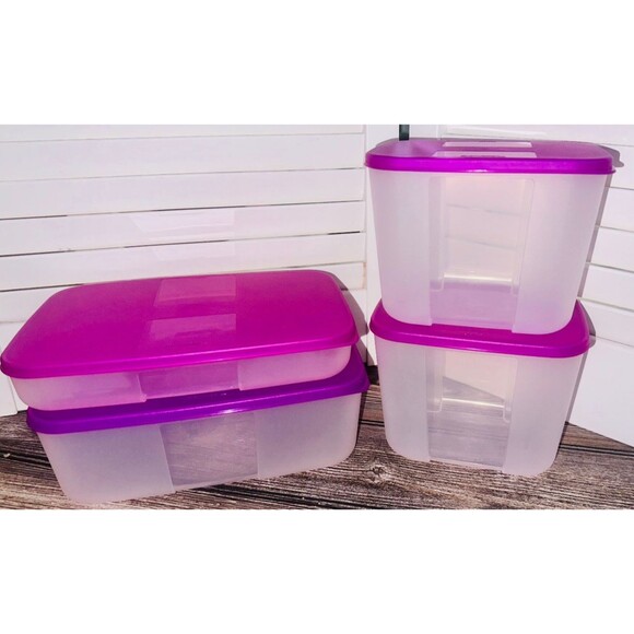 4 Tupperware Freezer Mate Sheer Containers 2 Sizes Raspberry Purple Lids NEW - Picture 1 of 4